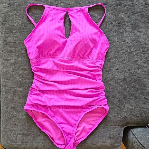 Ellen Tracy One Piece Keyhole Rib High Neck Over the Shoulder Swimsuit Size 14 - Picture 1 of 14